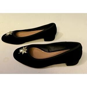 Zara Women 36/6 Black Velvet Beetle Embellish Faux Pearl Ballet Flats Old Money